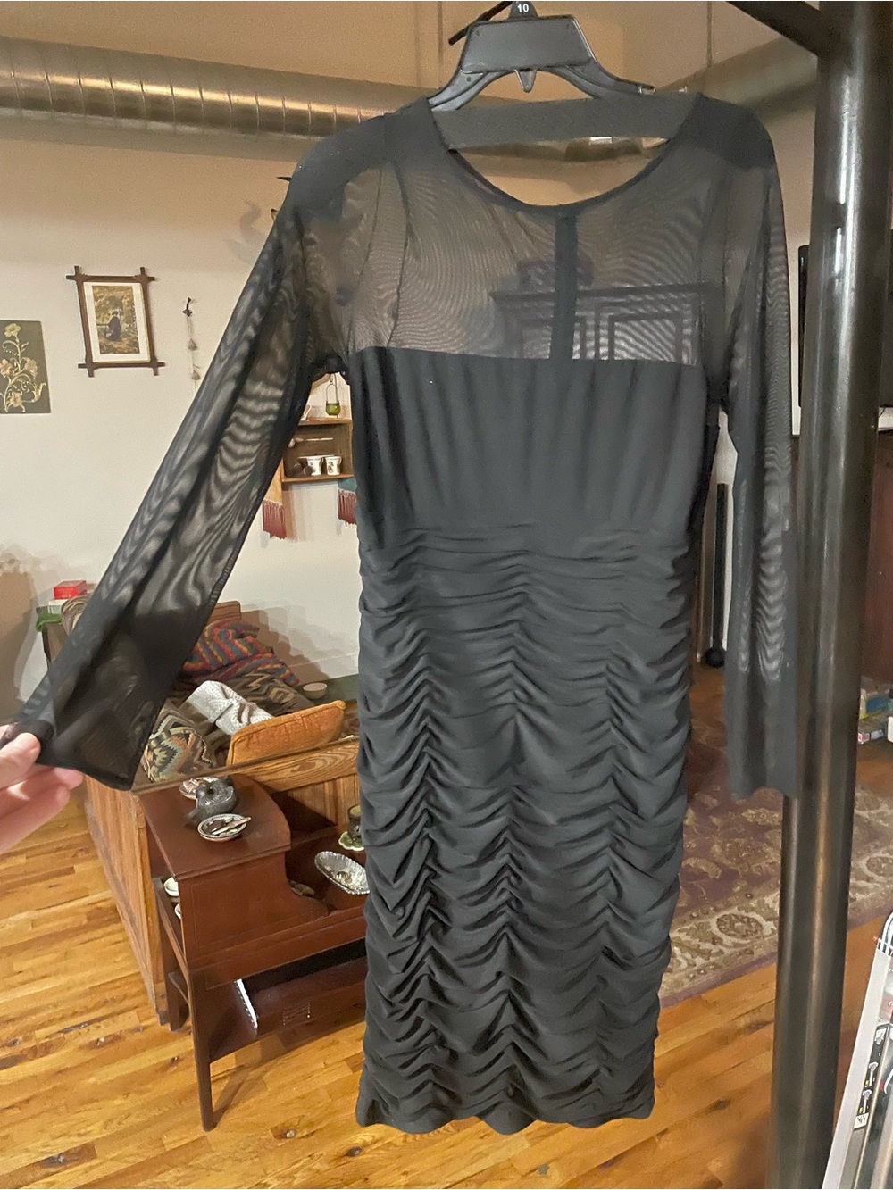 Eliza J Black Sheer Yoke Ruched Long Sleeve Dress